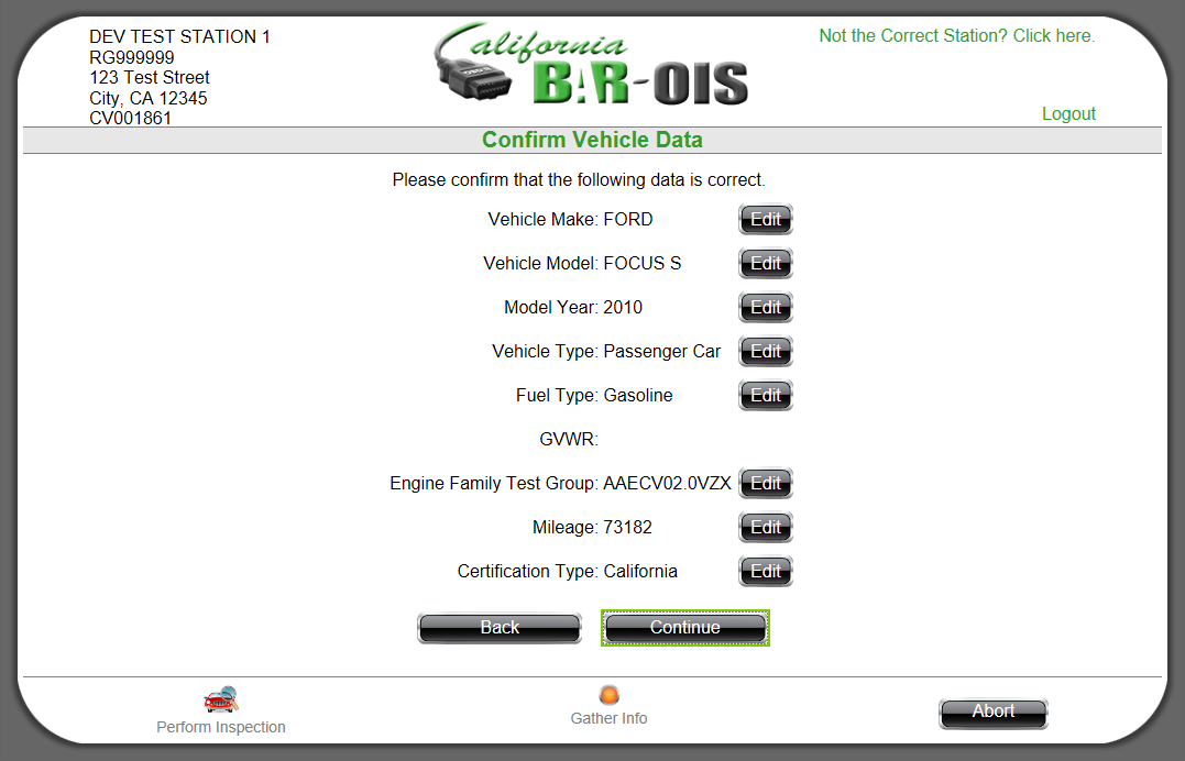 Entering Inspection Vehicle Information